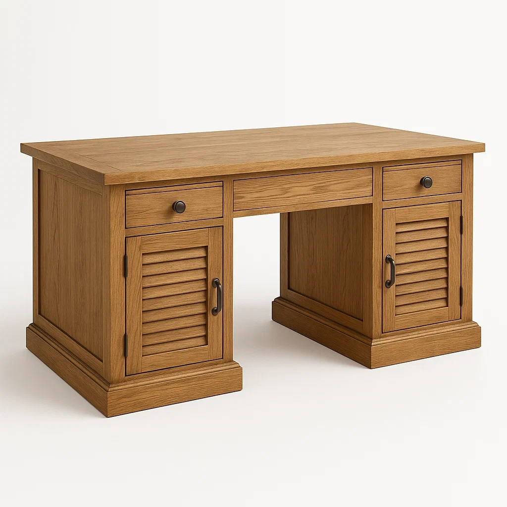 Scrivania da ufficio in legno con cassetti e ante a persiana 140x60x75 cm-CASAELEGAN