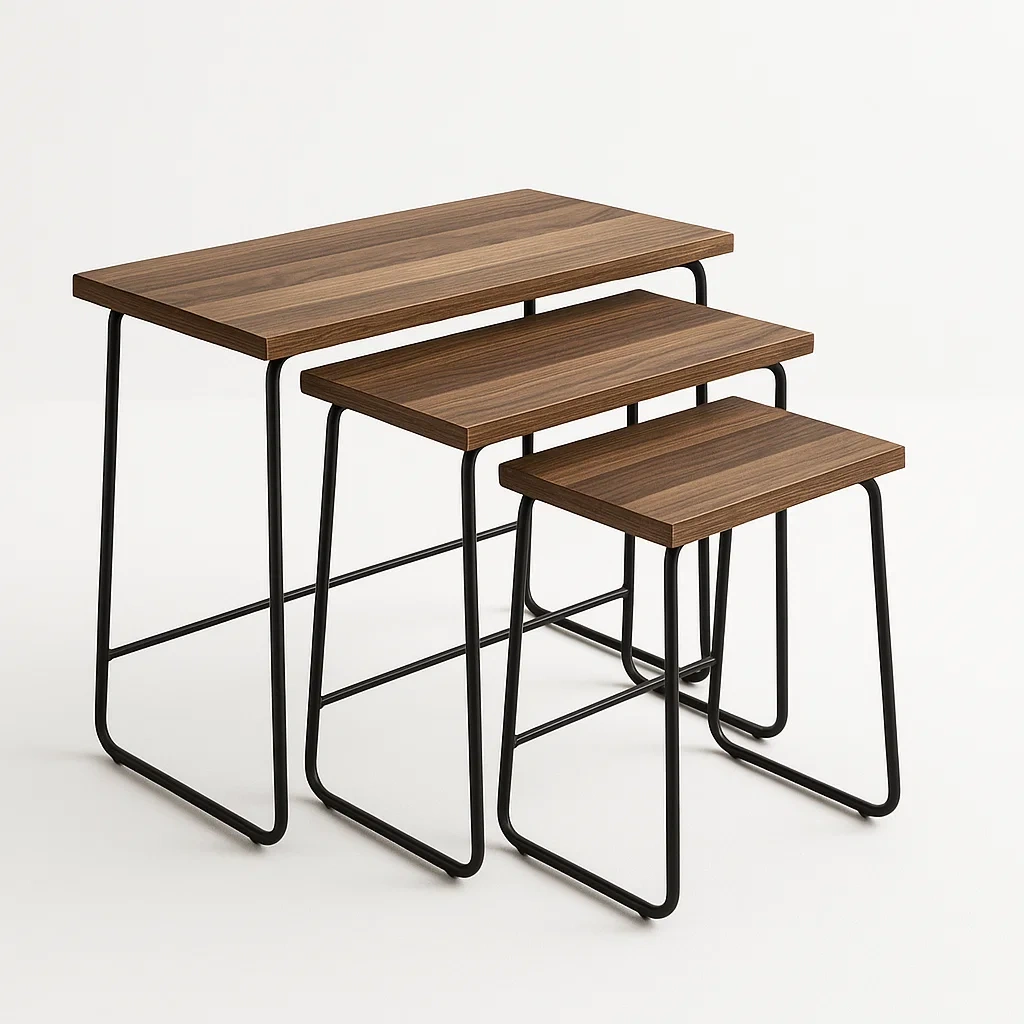Tavolino laterale set di 3 pezzi a incastro in legno e metallo nero-CASAELEGAN