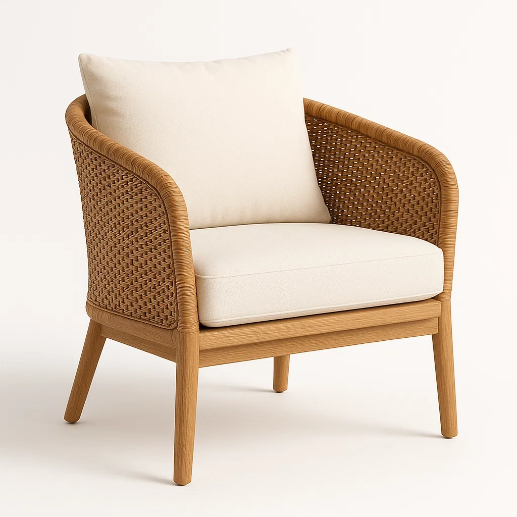 Poltrona da giardino in legno e rattan con cuscini in cotone beige 78x70x78 cm-CASAELEGAN