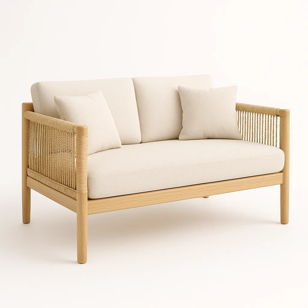 Divano da giardino in legno e corda con tessuto crema 150x85x75 cm-CASAELEGAN