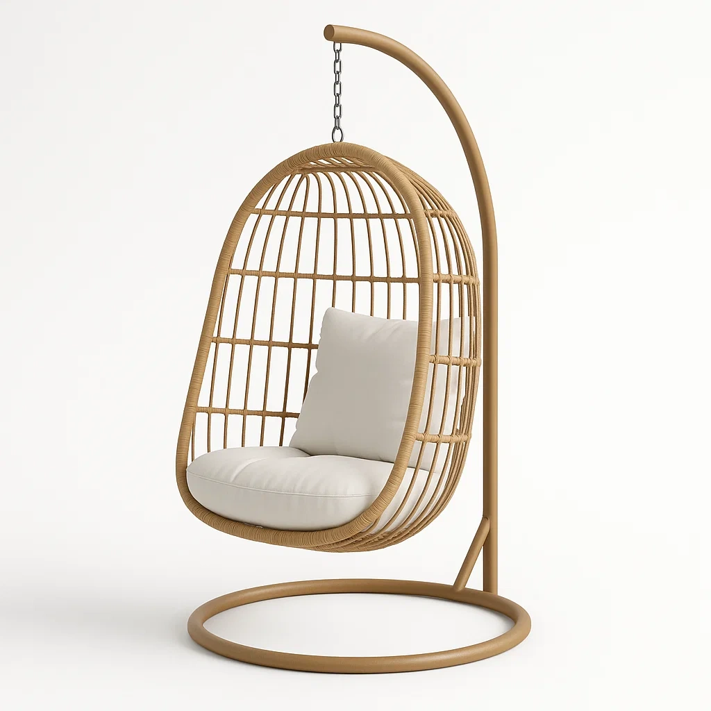 Poltrona sospesa in rattan sintetico con cuscini beige-CASAELEGAN