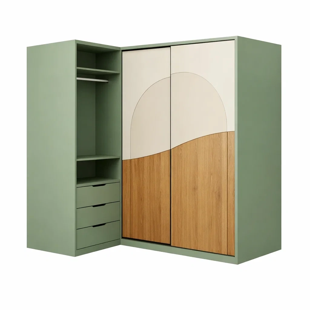 Armoire angle bois et vert avec portes coulissantes-easeentry