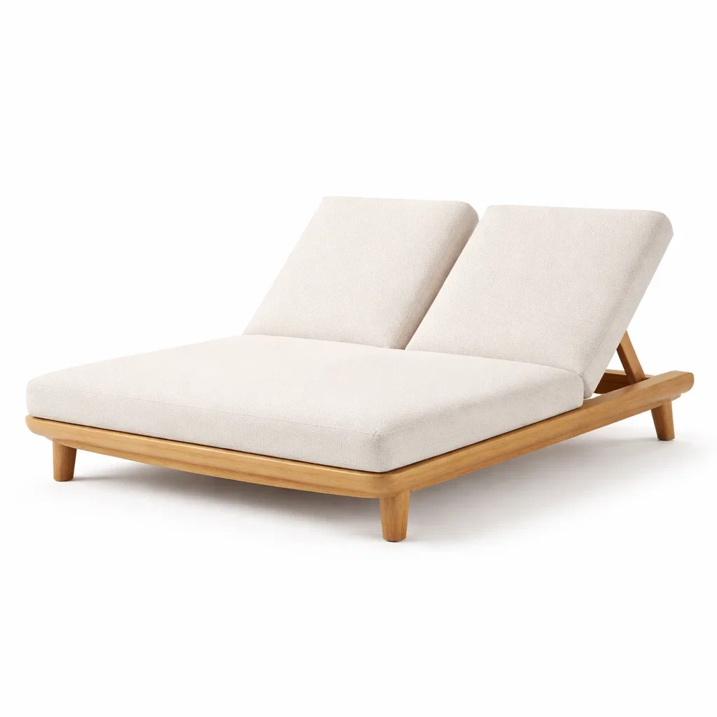 Chaise longue exterieure double en bois et tissu ecru-easeentry