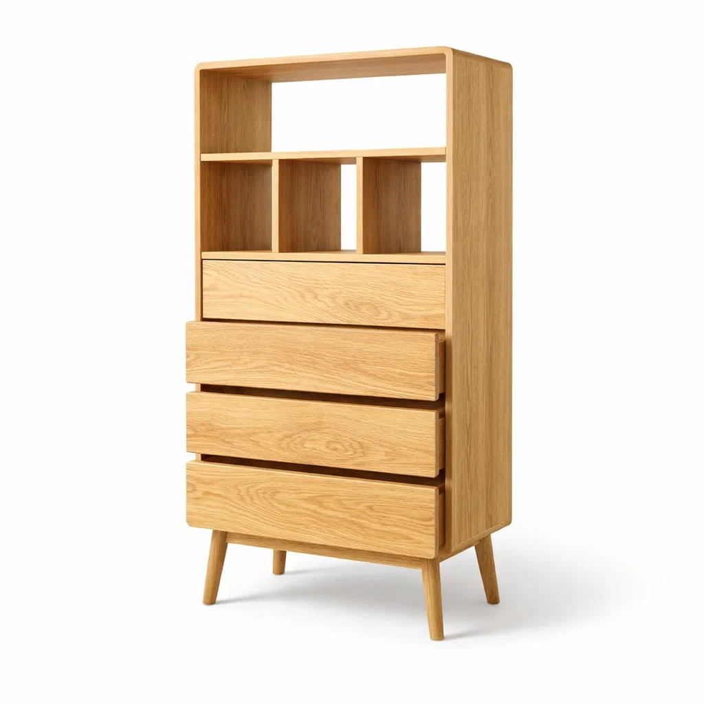 Vitrine de presentation avec etageres et tiroirs couleur bois naturel-easeentry