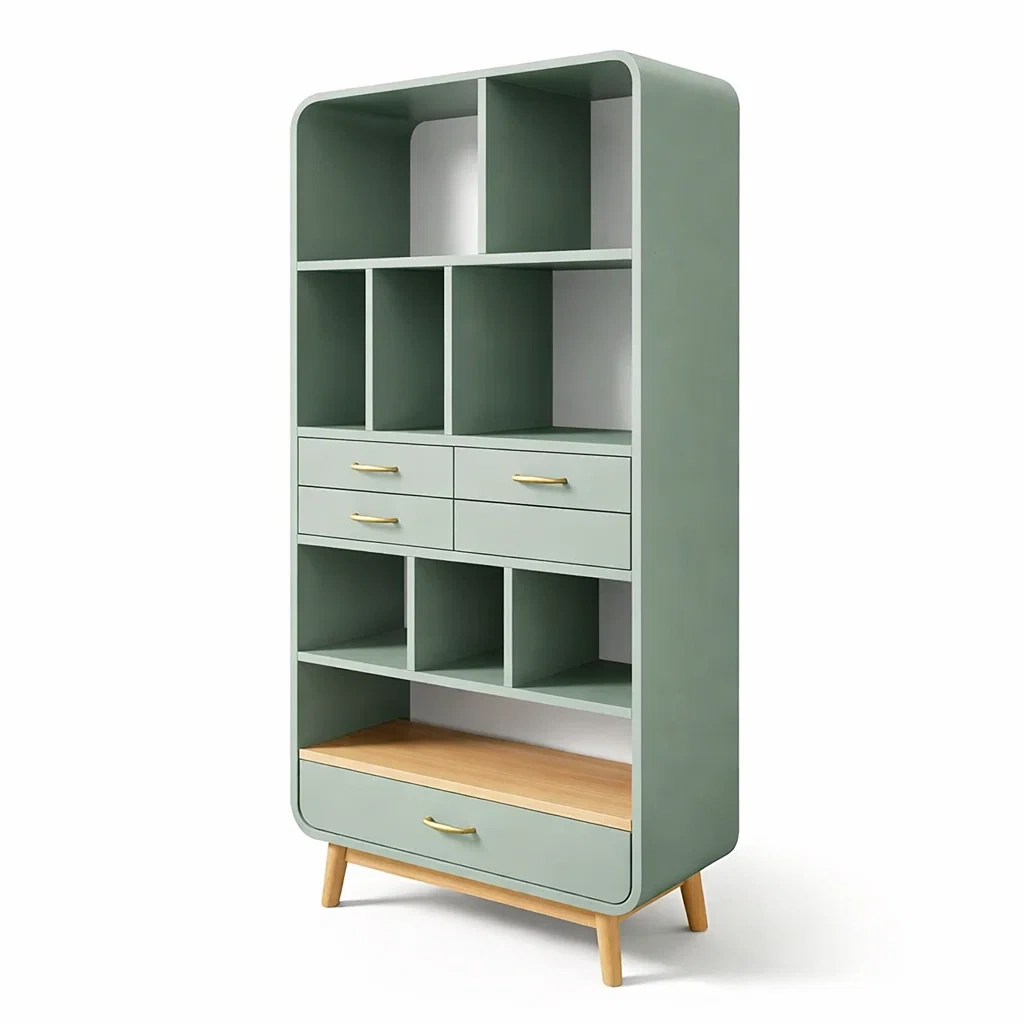 Vitrine de presentation avec etageres et tiroirs couleur vert-easeentry