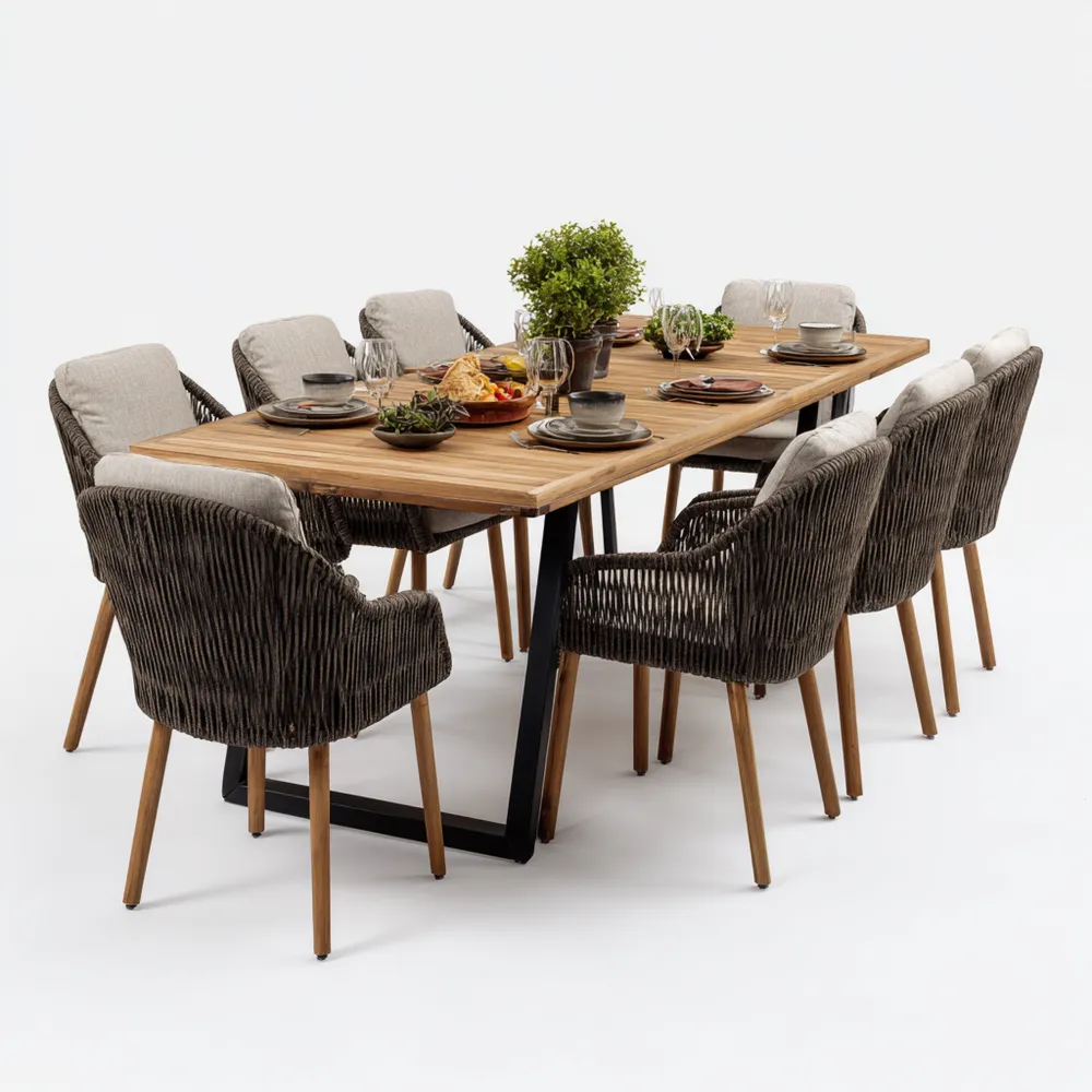 Set tavolo e sedie da giardino legno naturale metallo 200x100x75 cm e sedia 60x62x88 cm - design contemporaneo