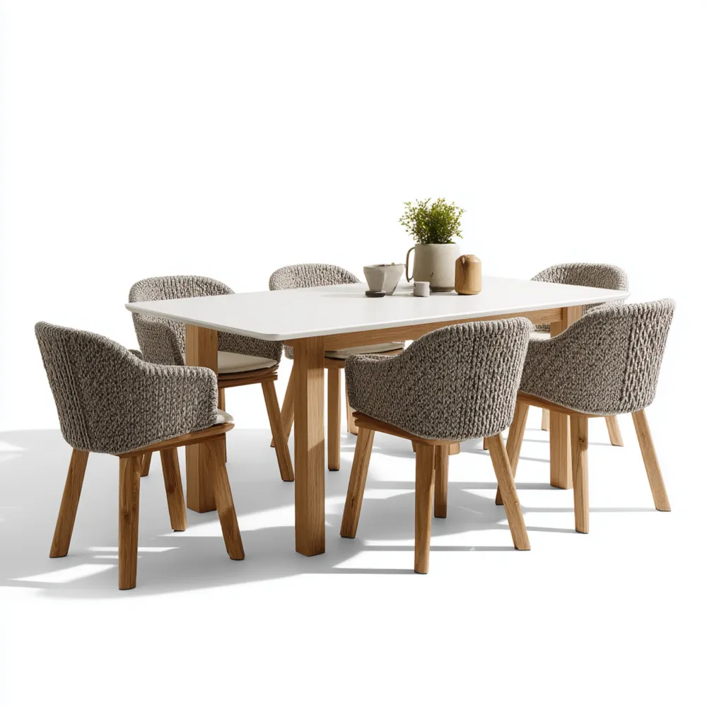 Set tavolo da giardino rettangolare 180x90x75 cm con sedie intrecciate legno teak 55x60x85 cm – Grigio – Design moderno