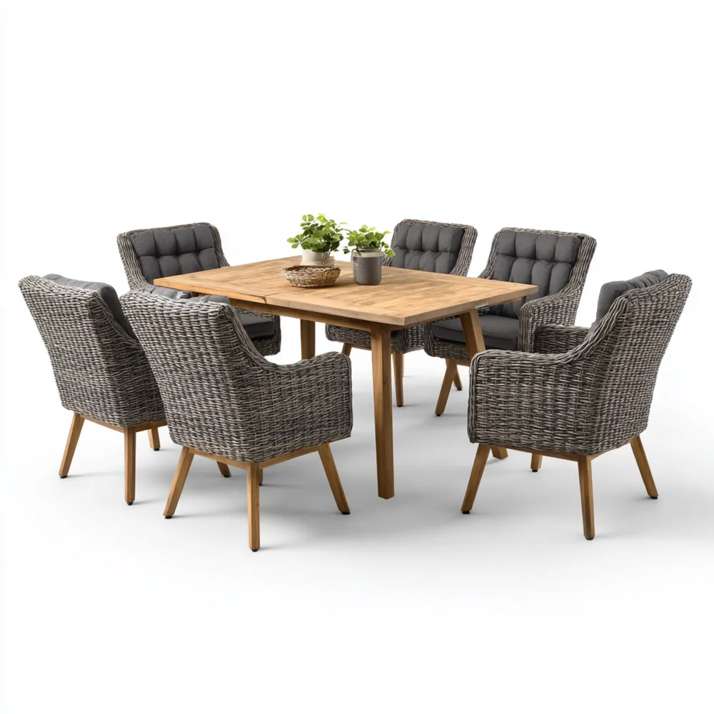 Set tavolo e sedie da giardino in legno e rattan 150x90x75 cm - Grigio - Design classico