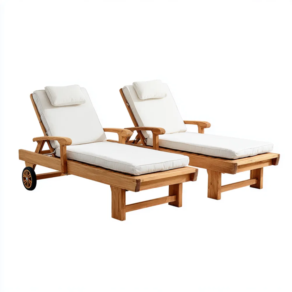Chaise longue de jardin en bois de teck 200x65x35 cm avec coussins - Blanc cassé