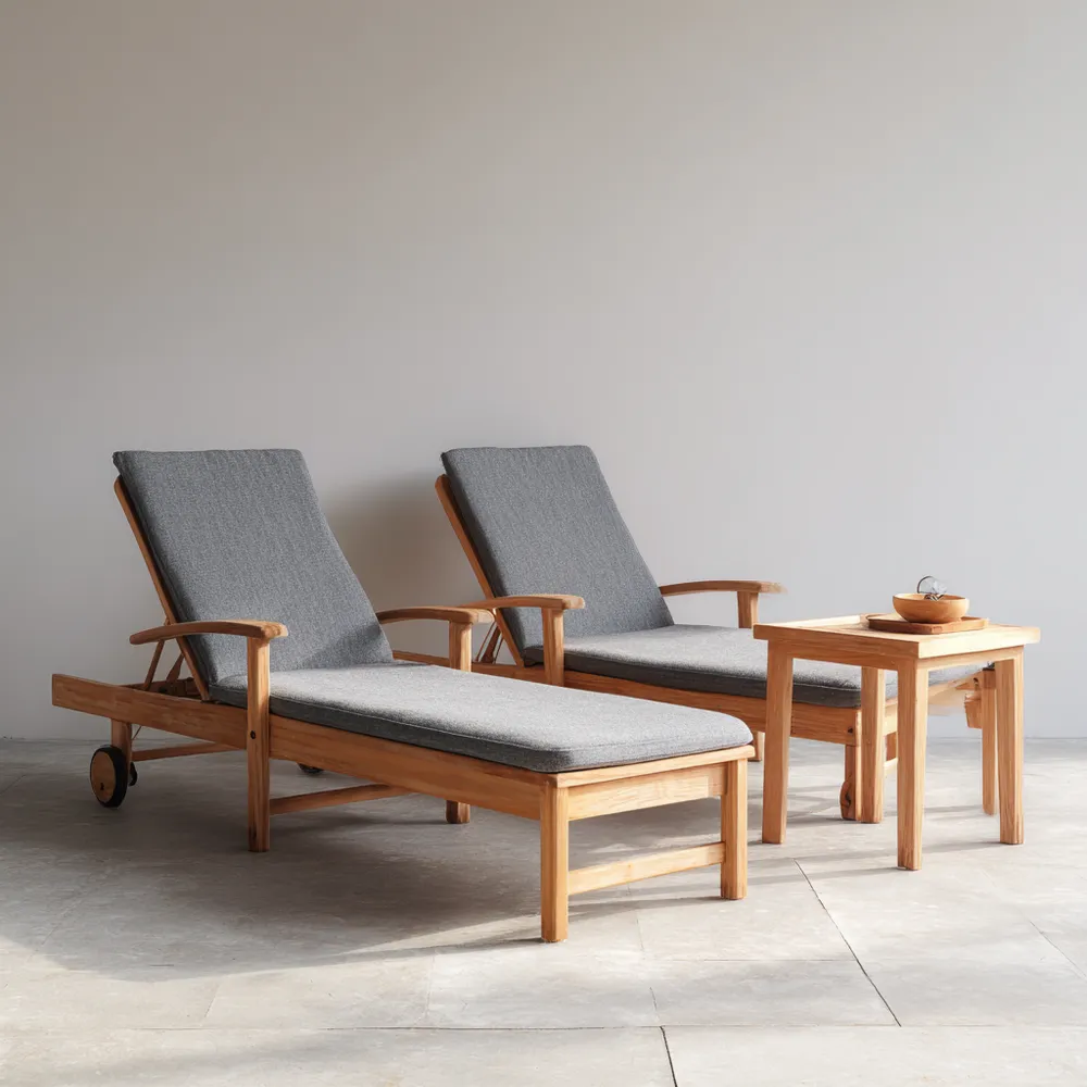 Chaise longue en bois d'extérieur 200x65x35 cm avec coussins Gris - Ensemble Table 50x40x40 cm - Teck - Moderne