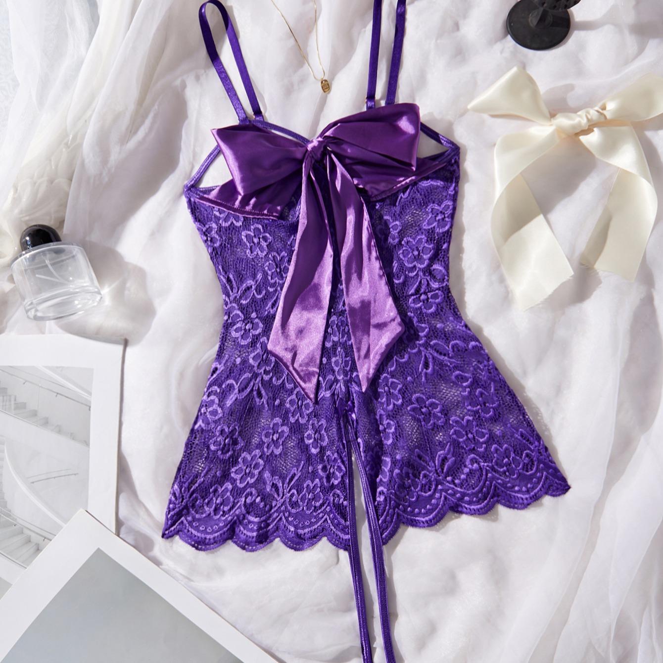 AgeRose Bow-Knot Lace Bodysuit - Spaghetti Strap Floral Patchwork One-Piece - High Elastic Feminine Lingerie - Women's Soft Intimate Sleepwear New Year Gift Valentine's Day Gift