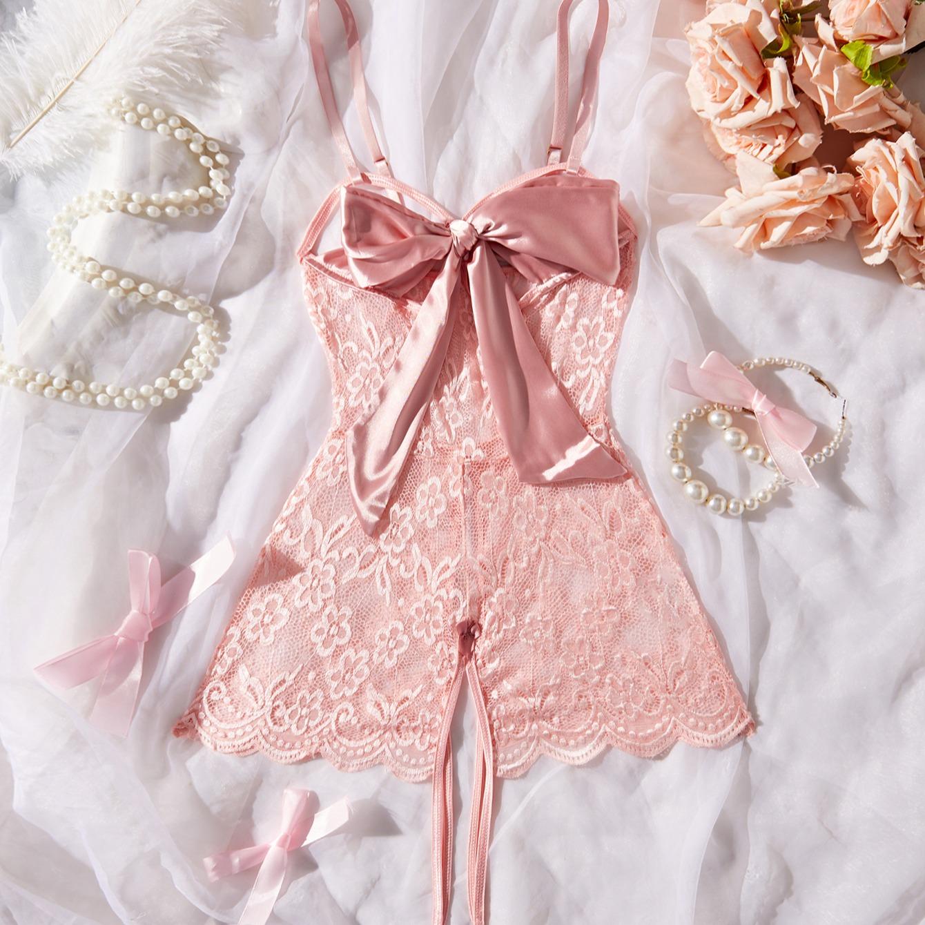 AgeRose Bow-Knot Lace Bodysuit - Spaghetti Strap Floral Patchwork One-Piece - High Elastic Feminine Lingerie - Women's Soft Intimate Sleepwear New Year Gift Valentine's Day Gift