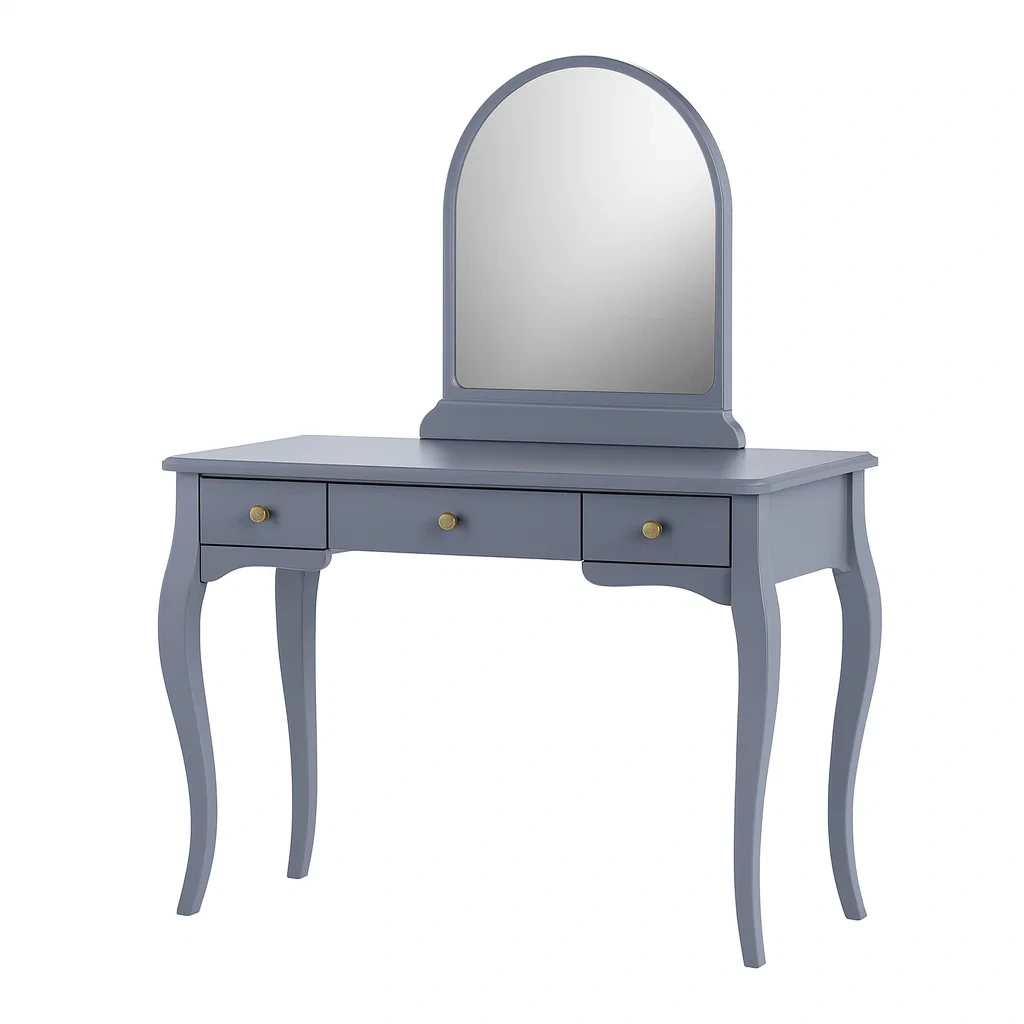 Toeletta in legno con specchio e tre cassetti blu grigio-NEWFURNISH