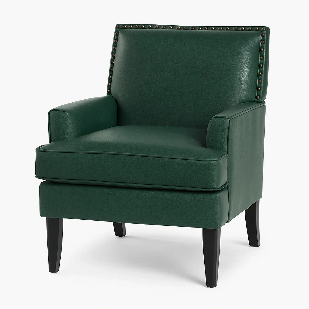 Poltrona in pelle sintetica verde con borchie e gambe in legno-NEWFURNISH