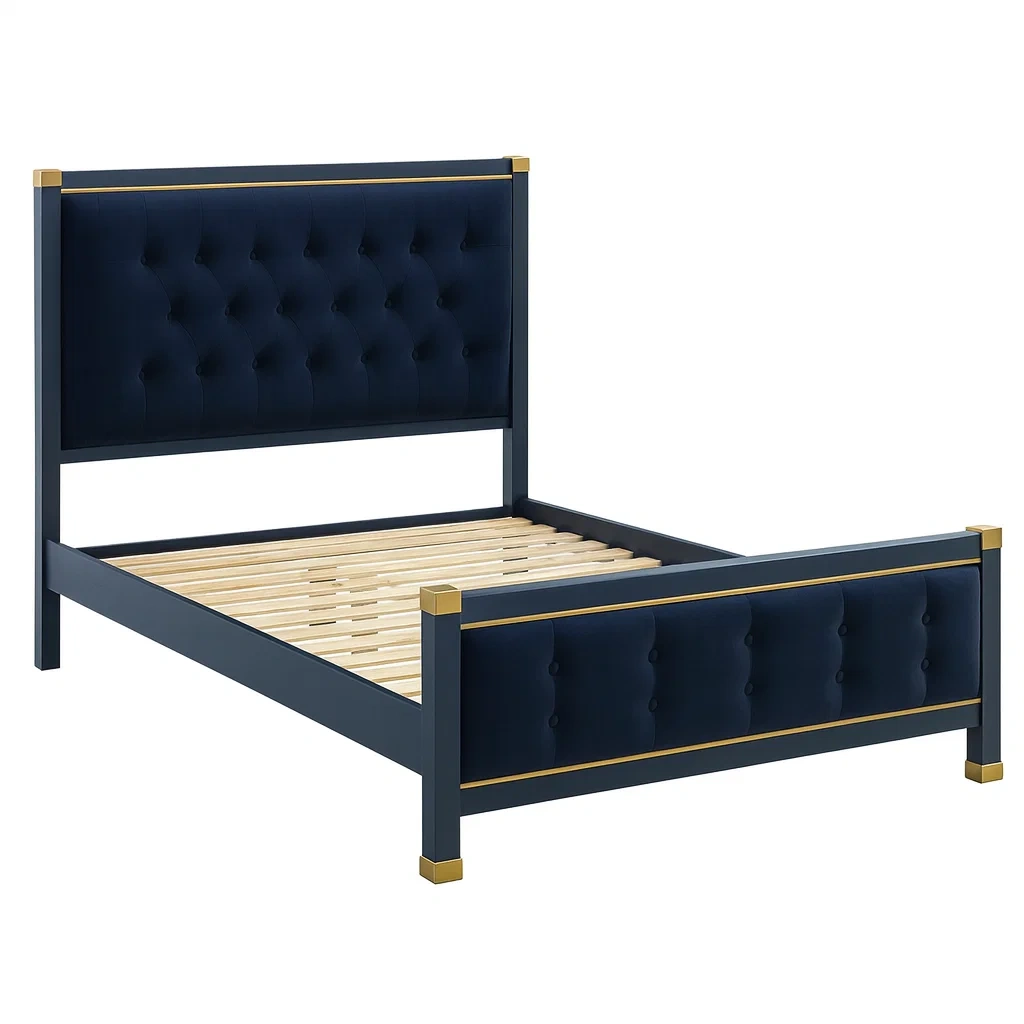 Letto matrimoniale in legno e velluto blu con accenti dorati 200x160 cm-NEWFURNISH