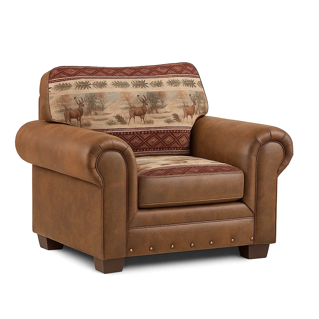 Poltrona in pelle sintetica e tessuto stampa cervi marrone-NEWFURNISH