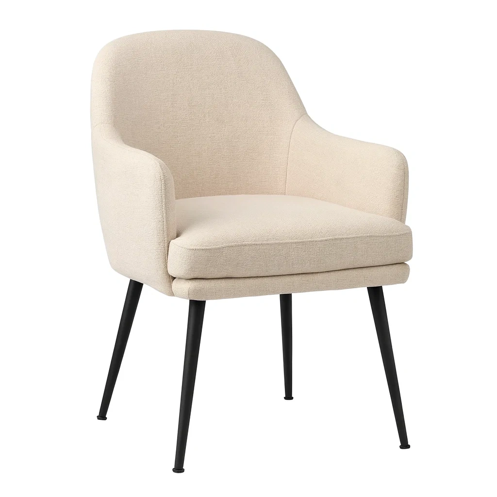 Sedia da pranzo imbottita in tessuto beige con gambe in acciaio nero-NEWFURNISH