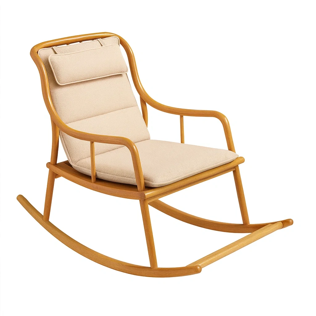 Sedia a dondolo in legno di faggio con cuscino in poliestere beige-NEWFURNISH