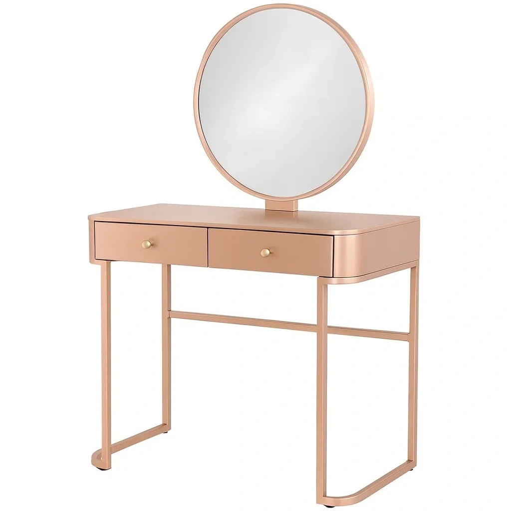 Toeletta con specchio rotondo rosa metallizzato e 2 cassetti-NEWFURNISH