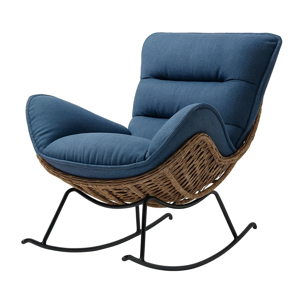 Sedia a dondolo in rattan e metallo con cuscini in poliestere blu-NEWFURNISH