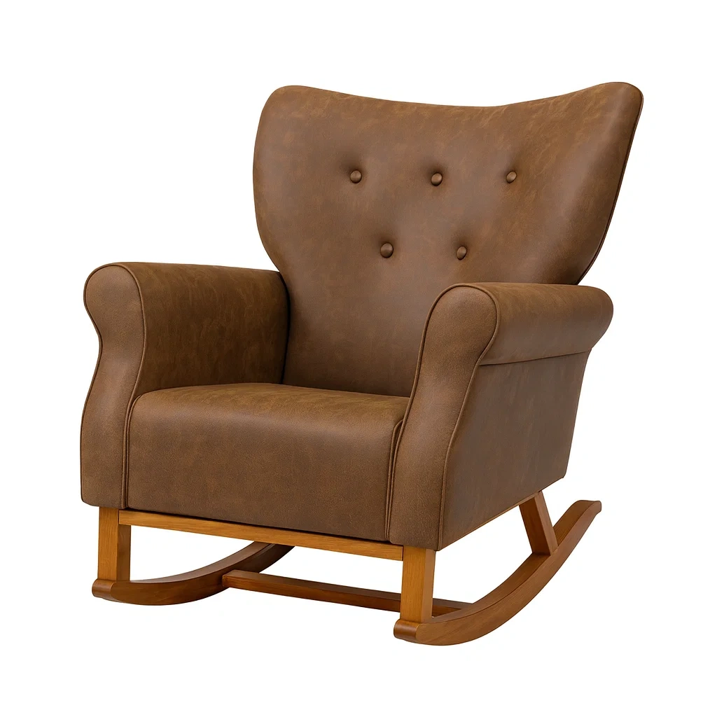 Sedia a dondolo in legno e finta pelle marrone-NEWFURNISH