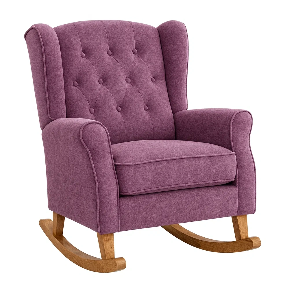 Sedia a dondolo in tessuto poliestere lilla con struttura in legno-NEWFURNISH