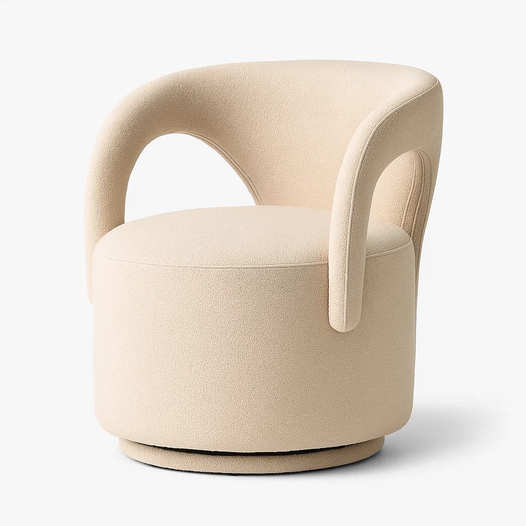 Poltrona girevole in tessuto bouclé beige con struttura in legno-NEWFURNISH