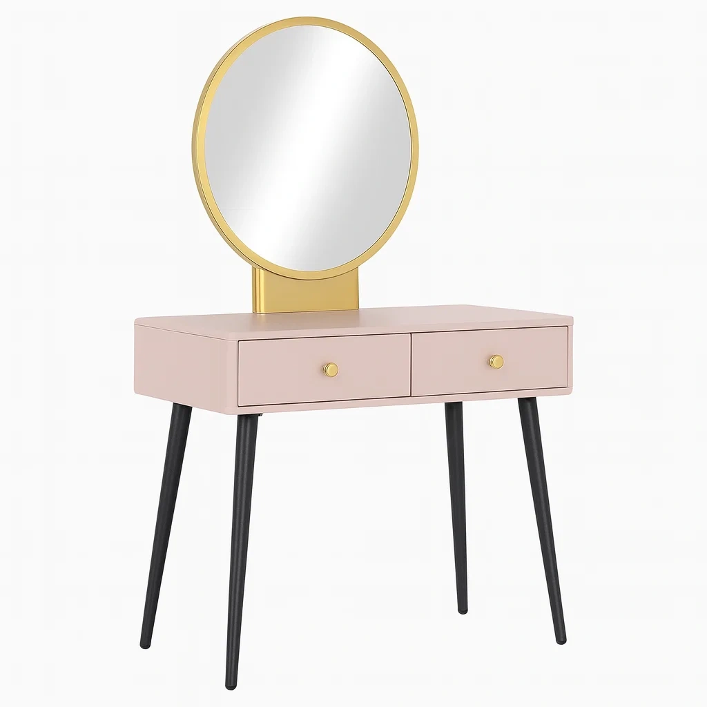 Toeletta con specchio rotondo in mdf e gambe in metallo rosa/oro-NEWFURNISH