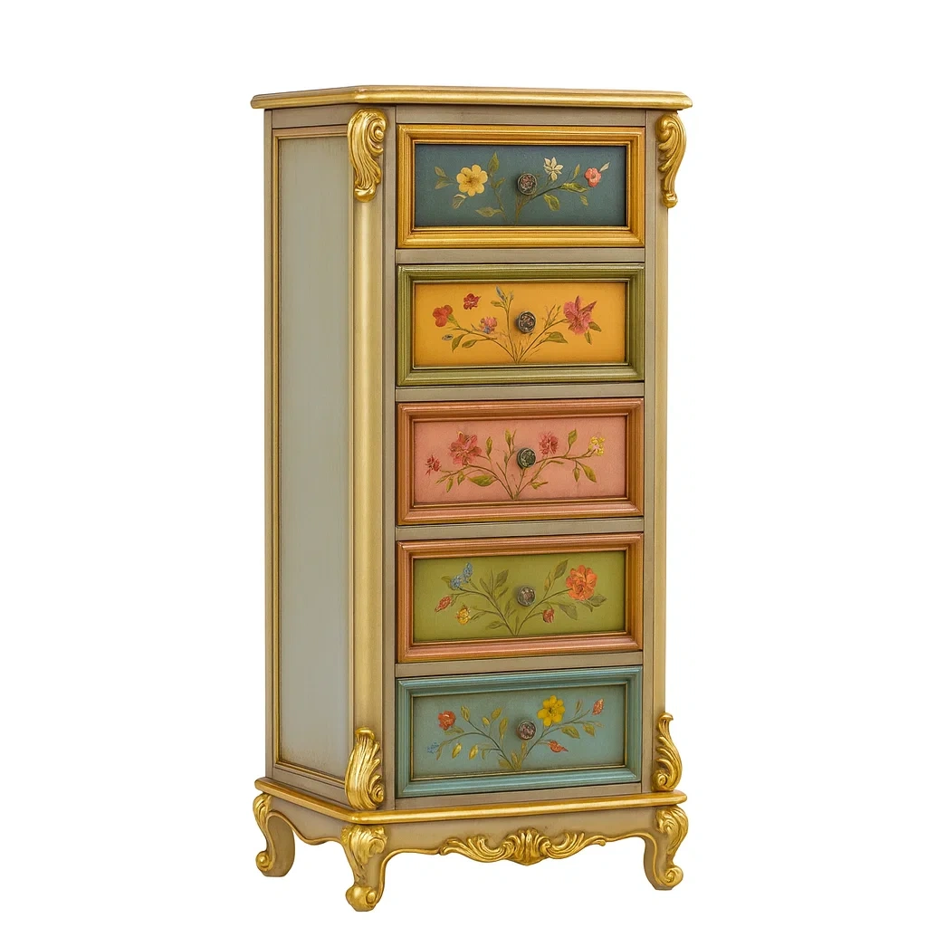 Cassettiera in legno intagliato dipinta a mano multicolore-NEWFURNISH