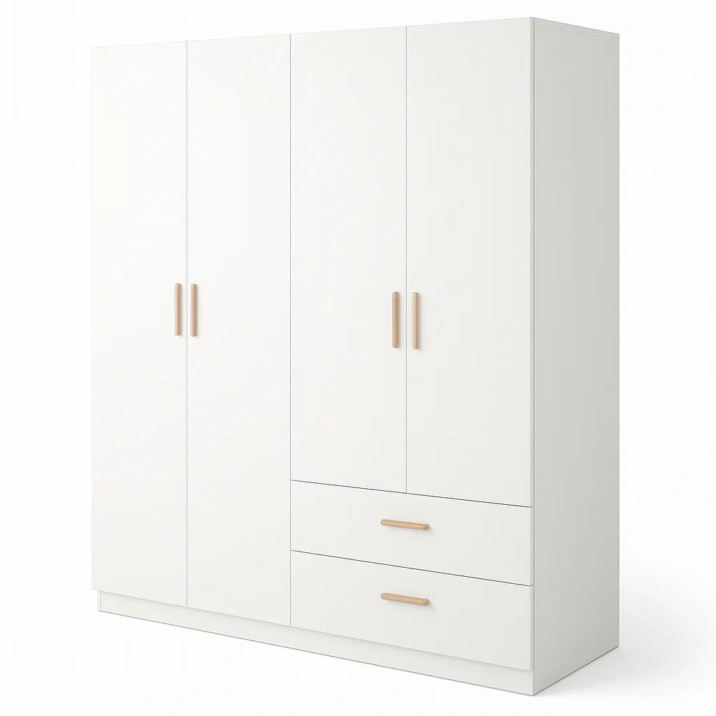 Armadio a 4 ante in truciolare bianco con cassetti e maniglie in legno, 200x150x60 cm-NEWFURNISH