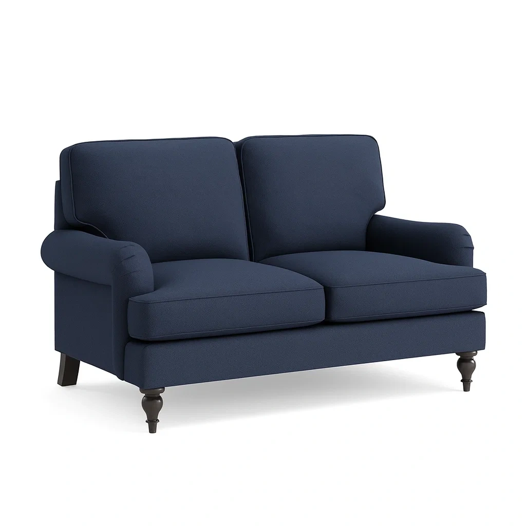Divano a due posti in tessuto poliestere blu con gambe in legno-NEWFURNISH