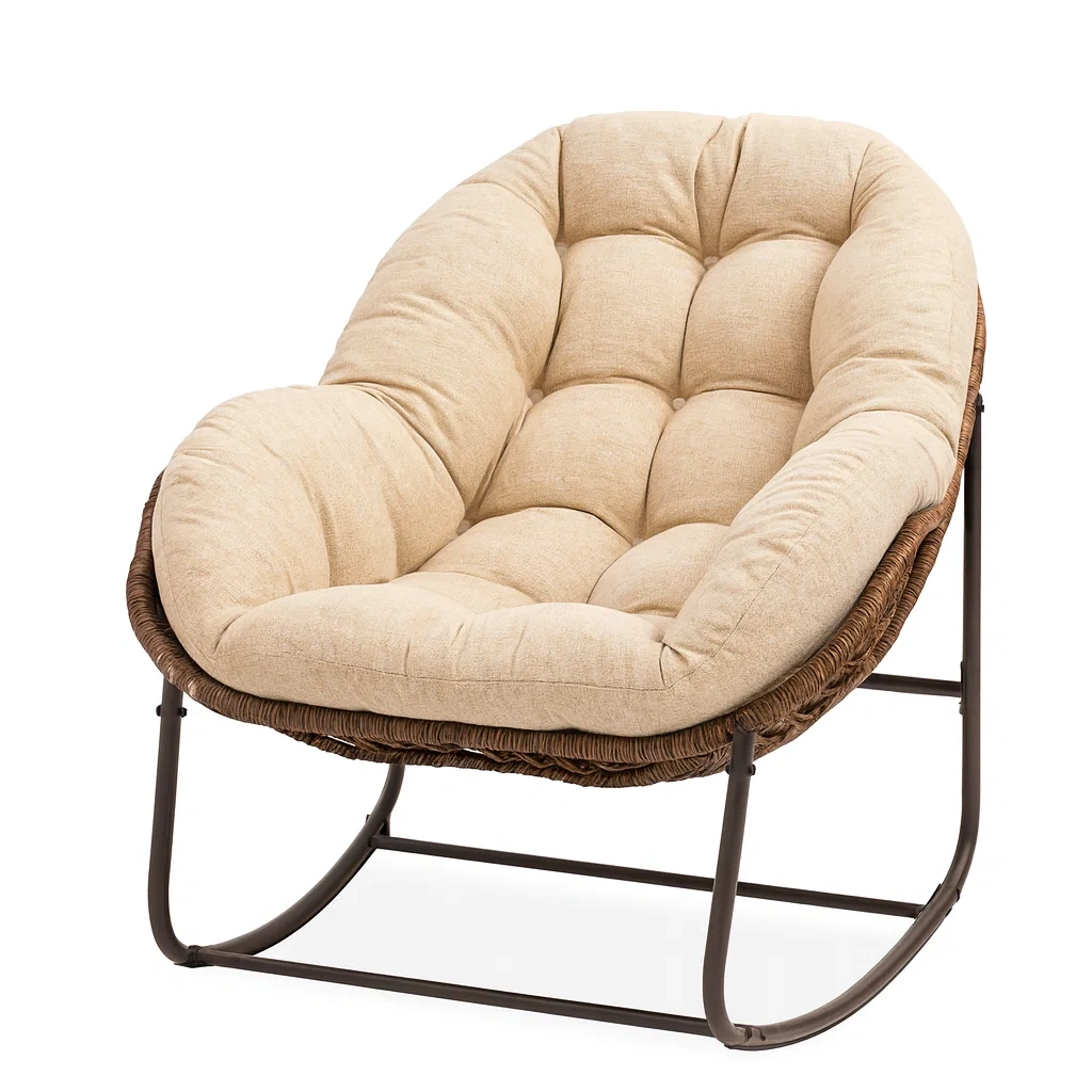 Sedia a dondolo in rattan sintetico con cuscino in lino beige-NEWFURNISH
