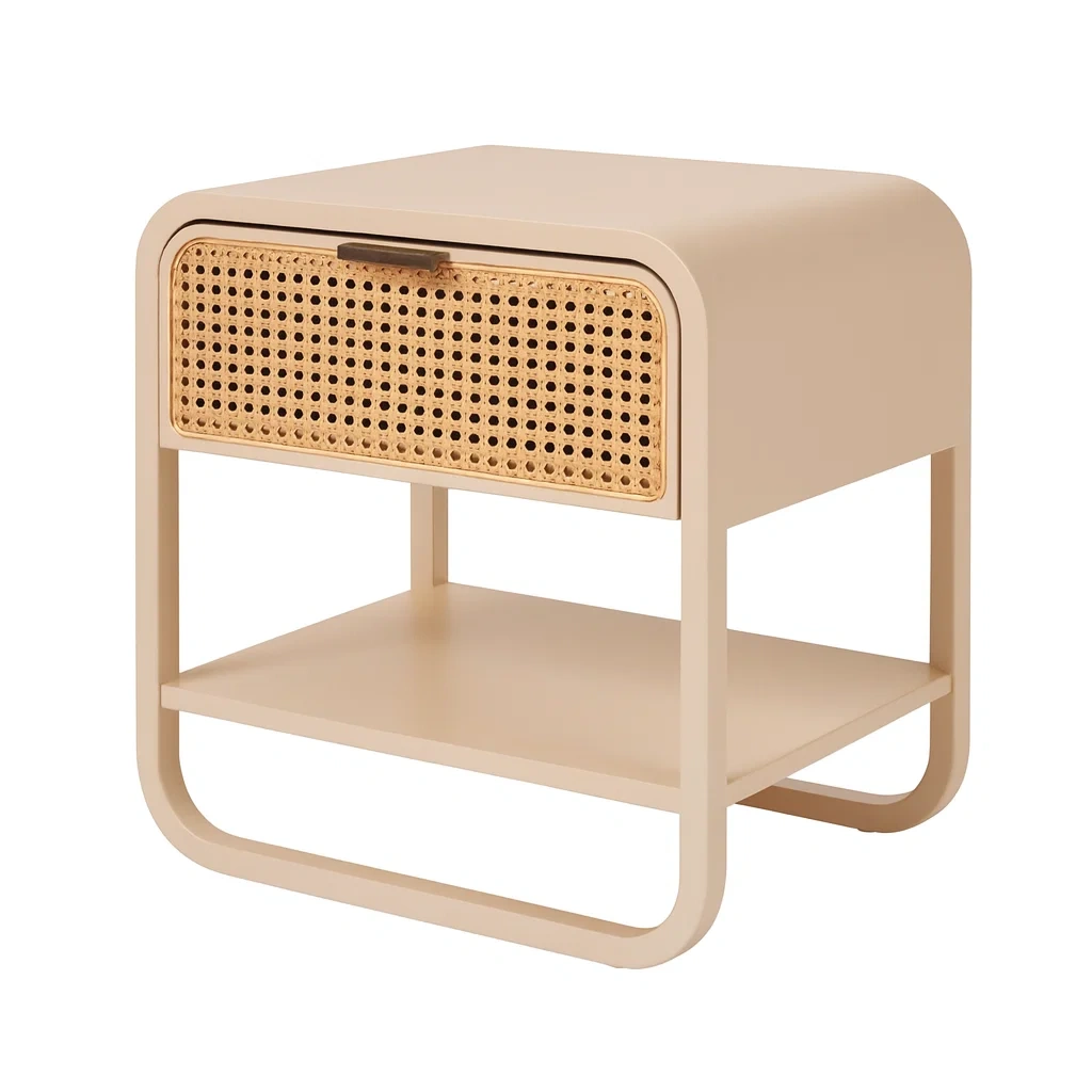 Comodino in legno e rattan con cassetto beige 50x40x55 cm-NEWFURNISH