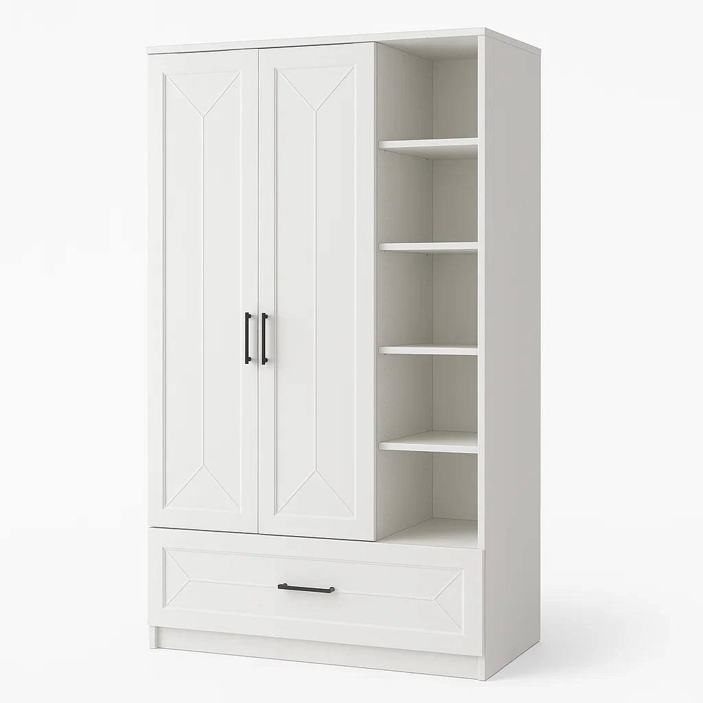 Armadio in mdf bianco con 2 ante e ripiani-NEWFURNISH