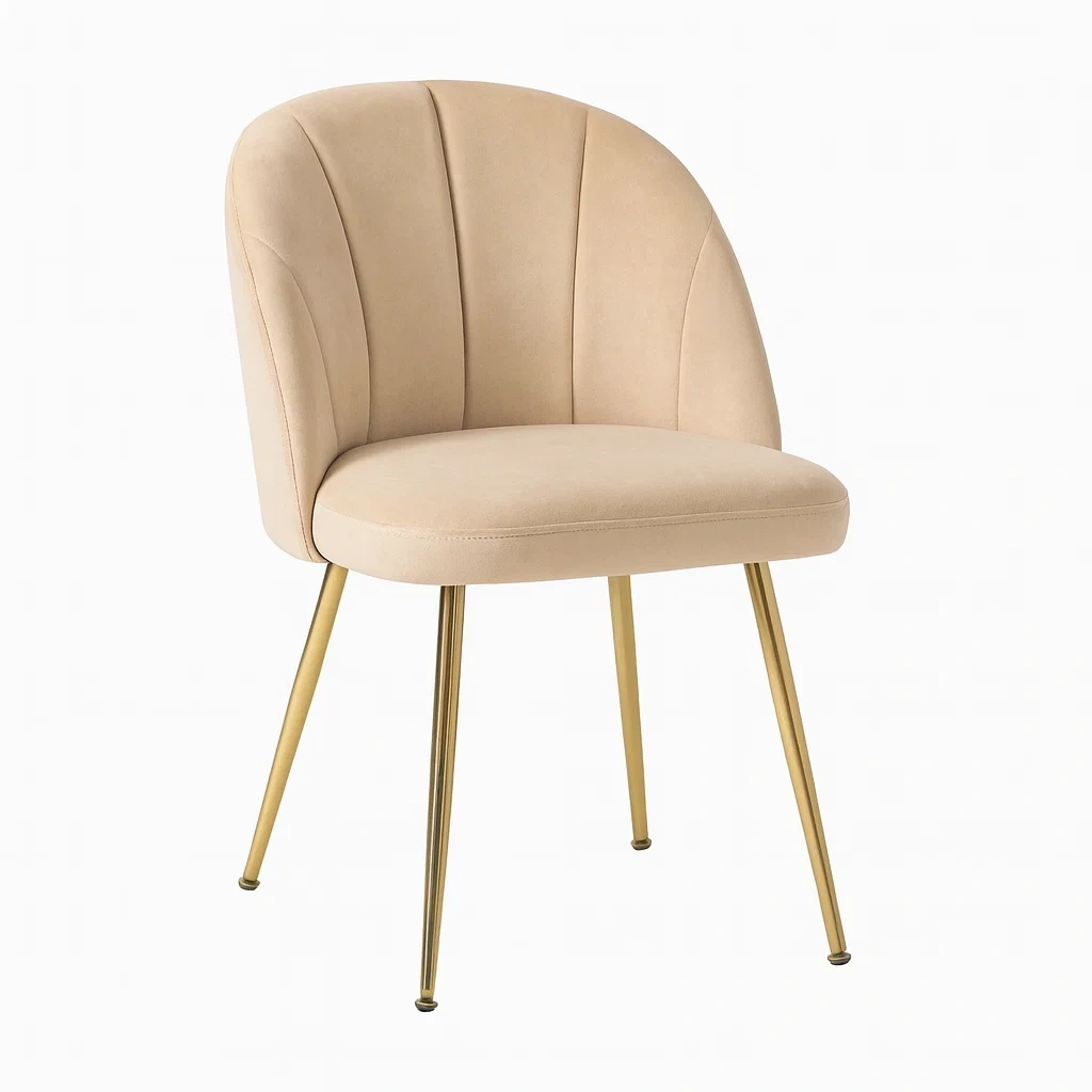 Sedia da pranzo in velluto beige con gambe in metallo dorato, altezza 85 cm-NEWFURNISH