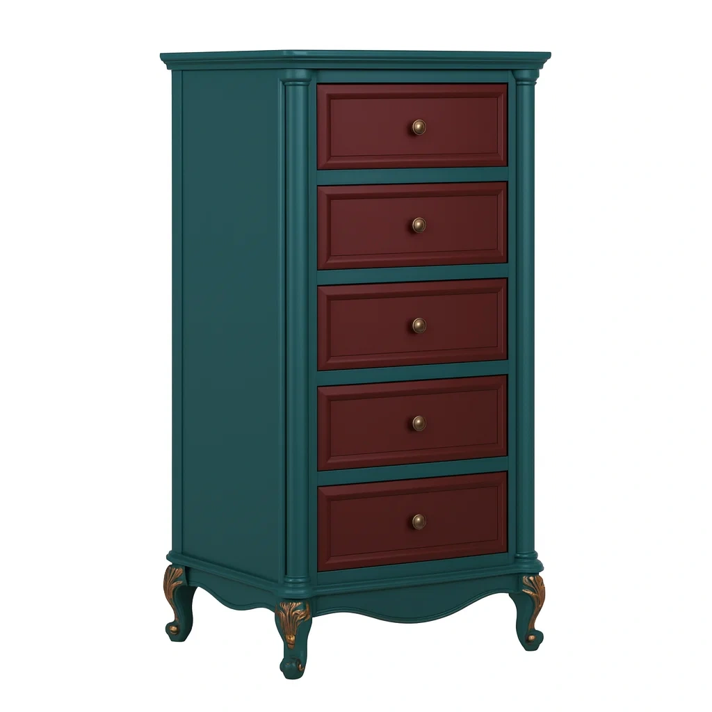 Cassettiera in legno 5 cassetti verde e bordeaux-NEWFURNISH