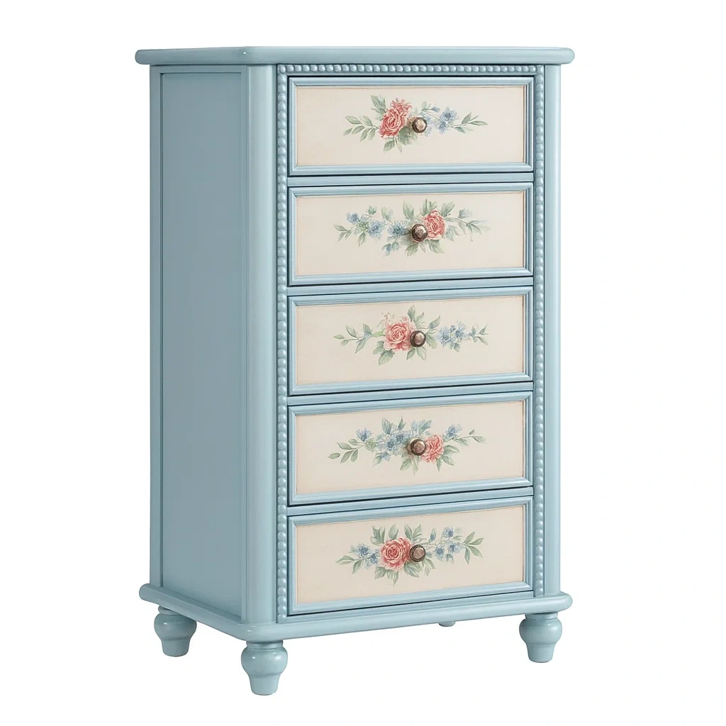 Cassettiera in legno con decorazioni floreali blu-NEWFURNISH