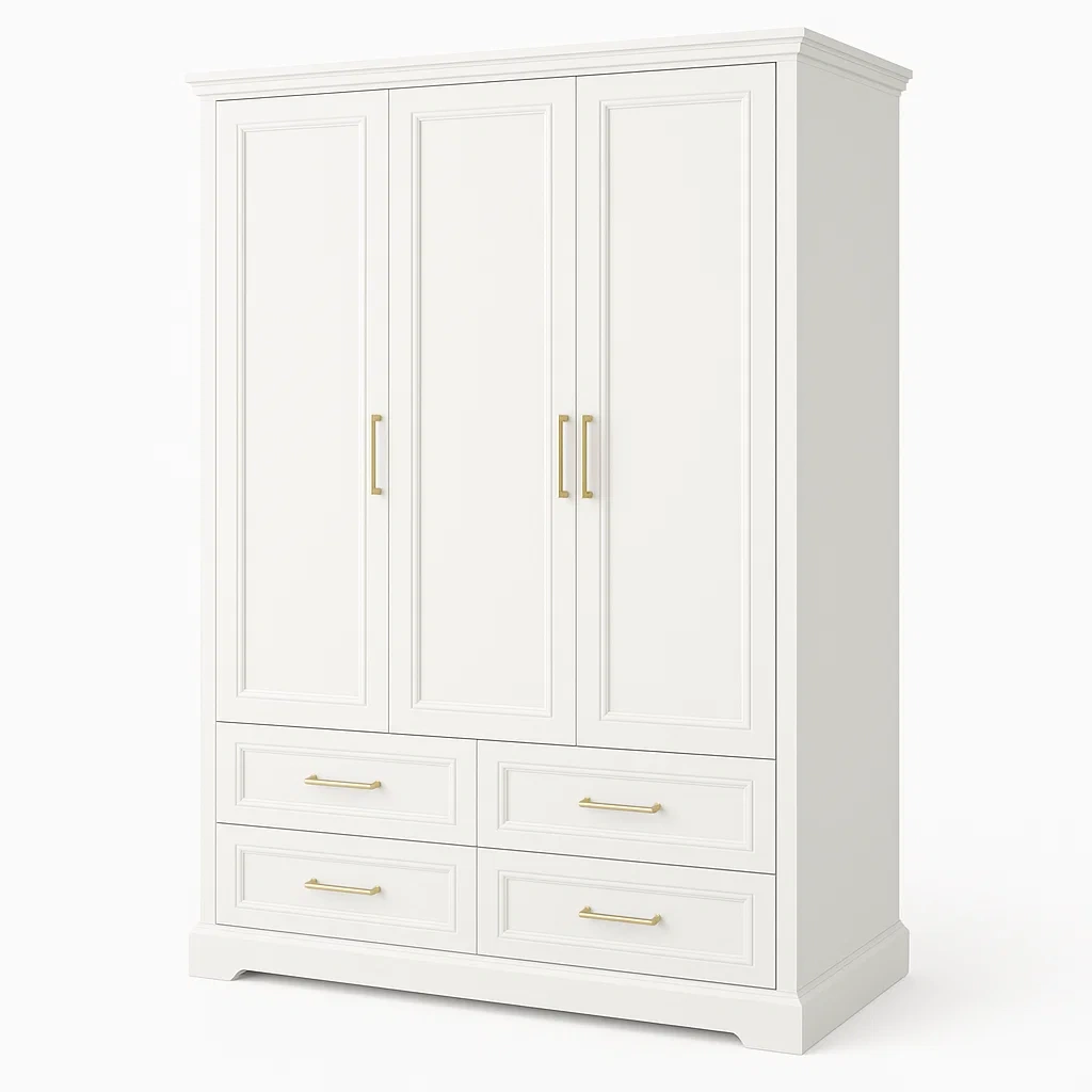 Armadio a tre ante in mdf bianco con cassetti-NEWFURNISH