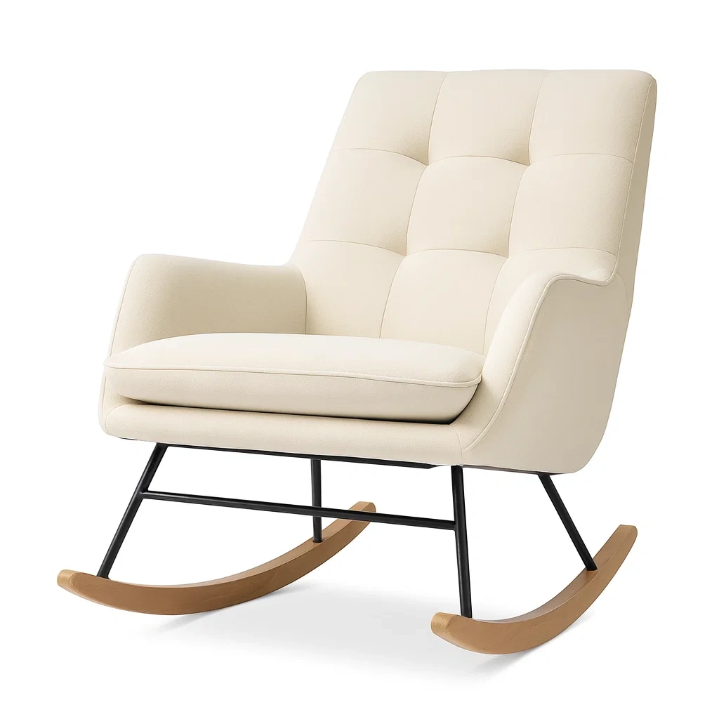 Sedia a dondolo in tessuto crema con struttura in metallo e legno-NEWFURNISH