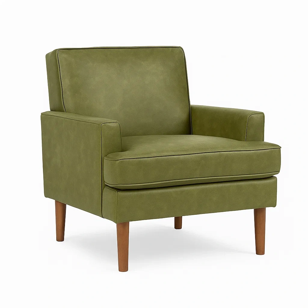 Poltrona in pelle sintetica verde con gambe in legno-NEWFURNISH