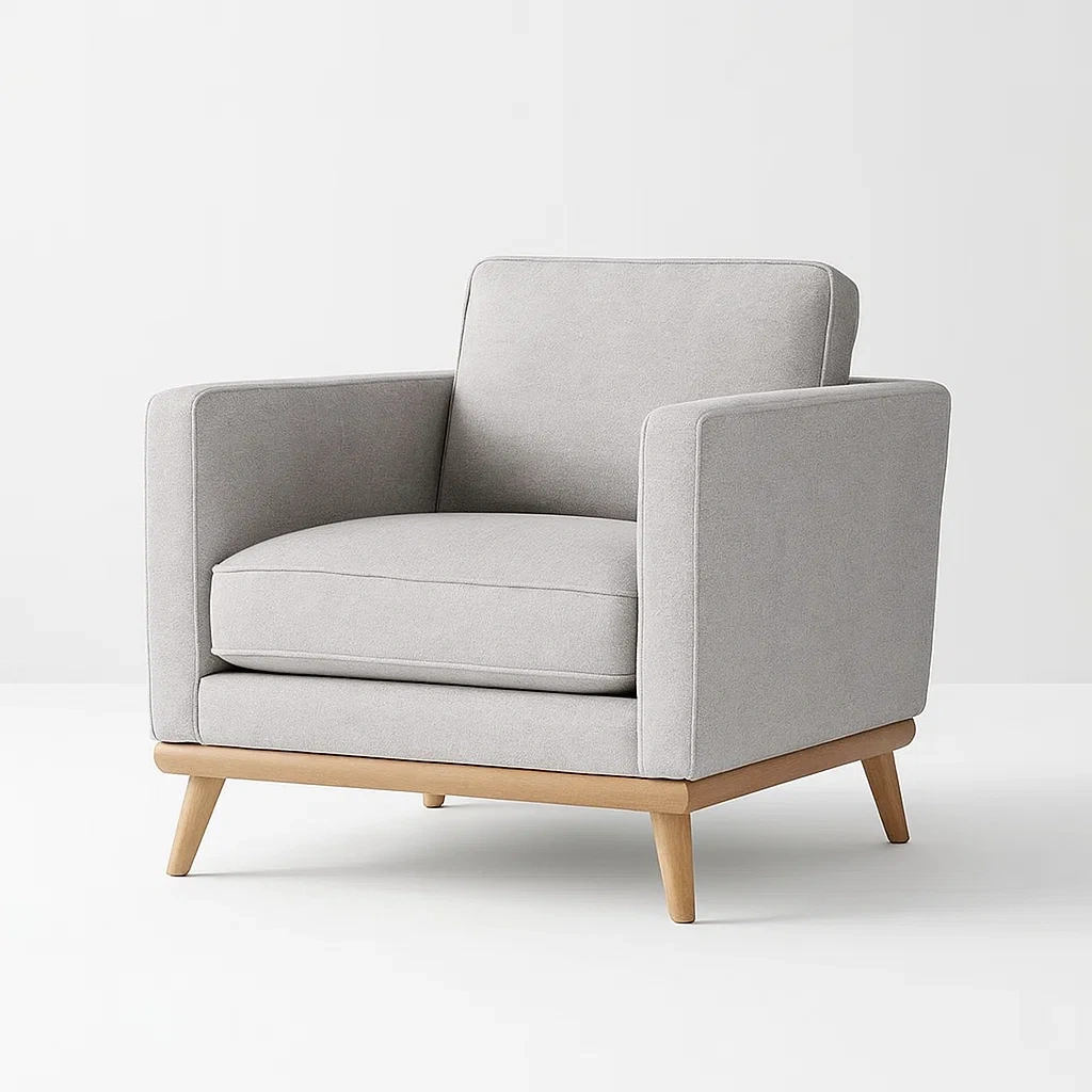 Poltrona in tessuto grigio con gambe in legno-NEWFURNISH