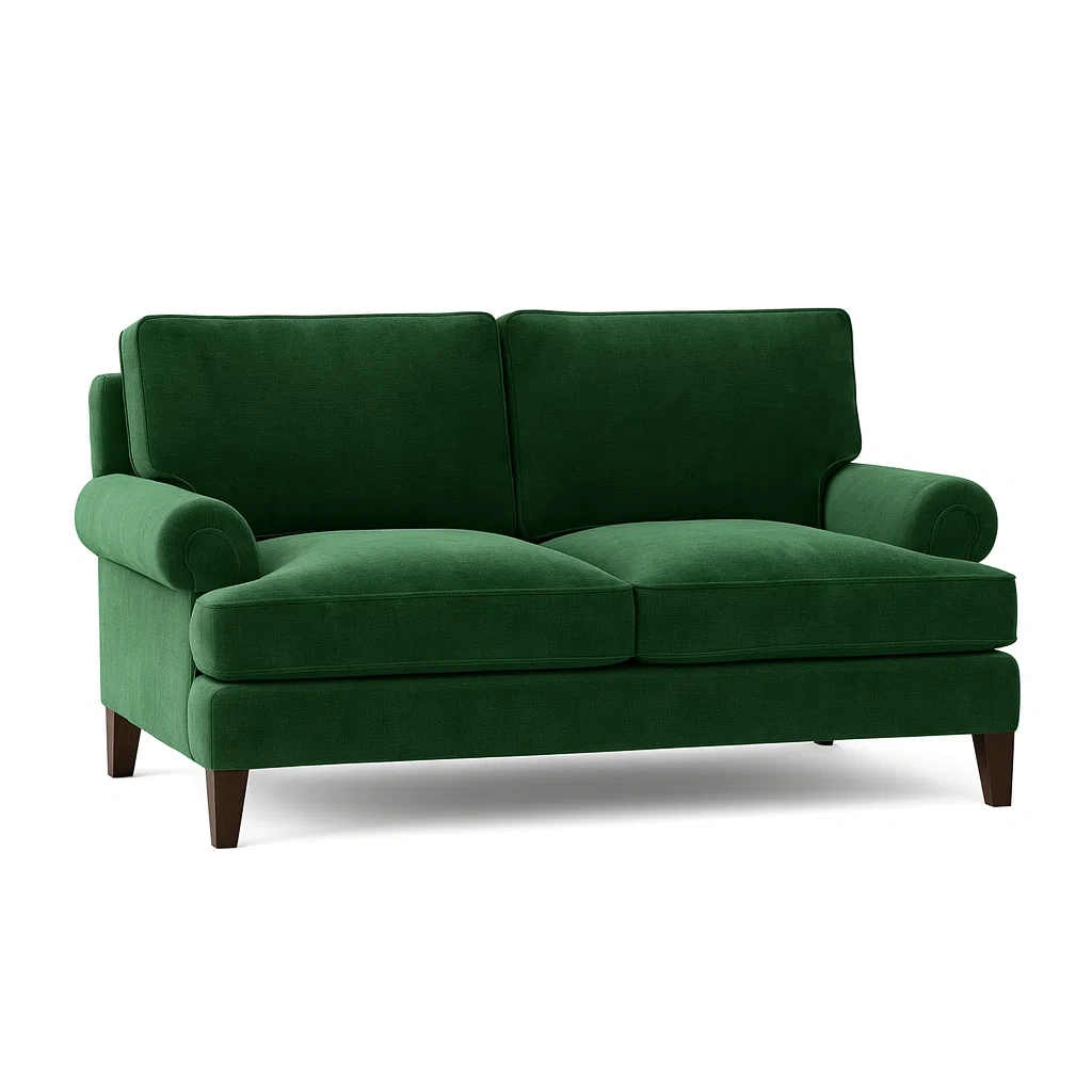 Divano a due posti in velluto verde scuro con gambe in legno-NEWFURNISH
