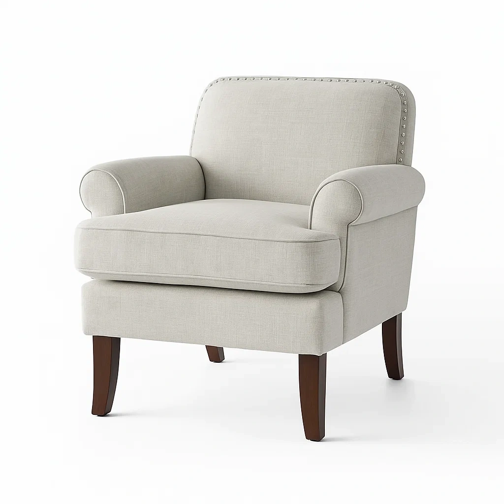 Poltrona in tessuto di lino beige con gambe in legno-NEWFURNISH