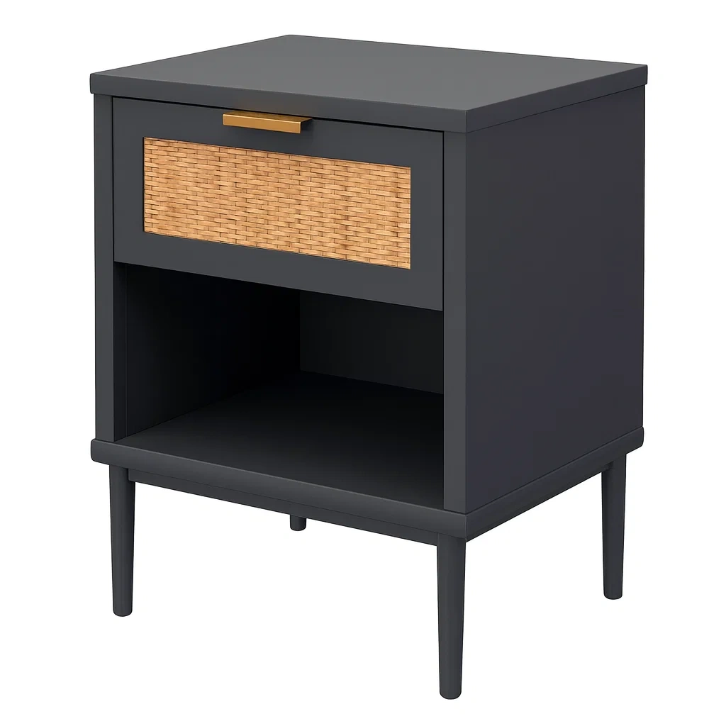 Comodino in legno e rattan nero con cassetto 45x35x65 cm-NEWFURNISH