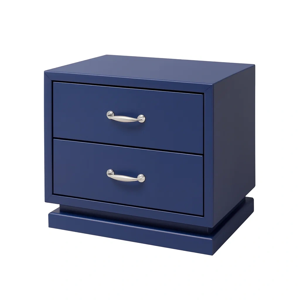 Comodino a due cassetti in legno blu con maniglie in metallo 45x40x50 cm-NEWFURNISH
