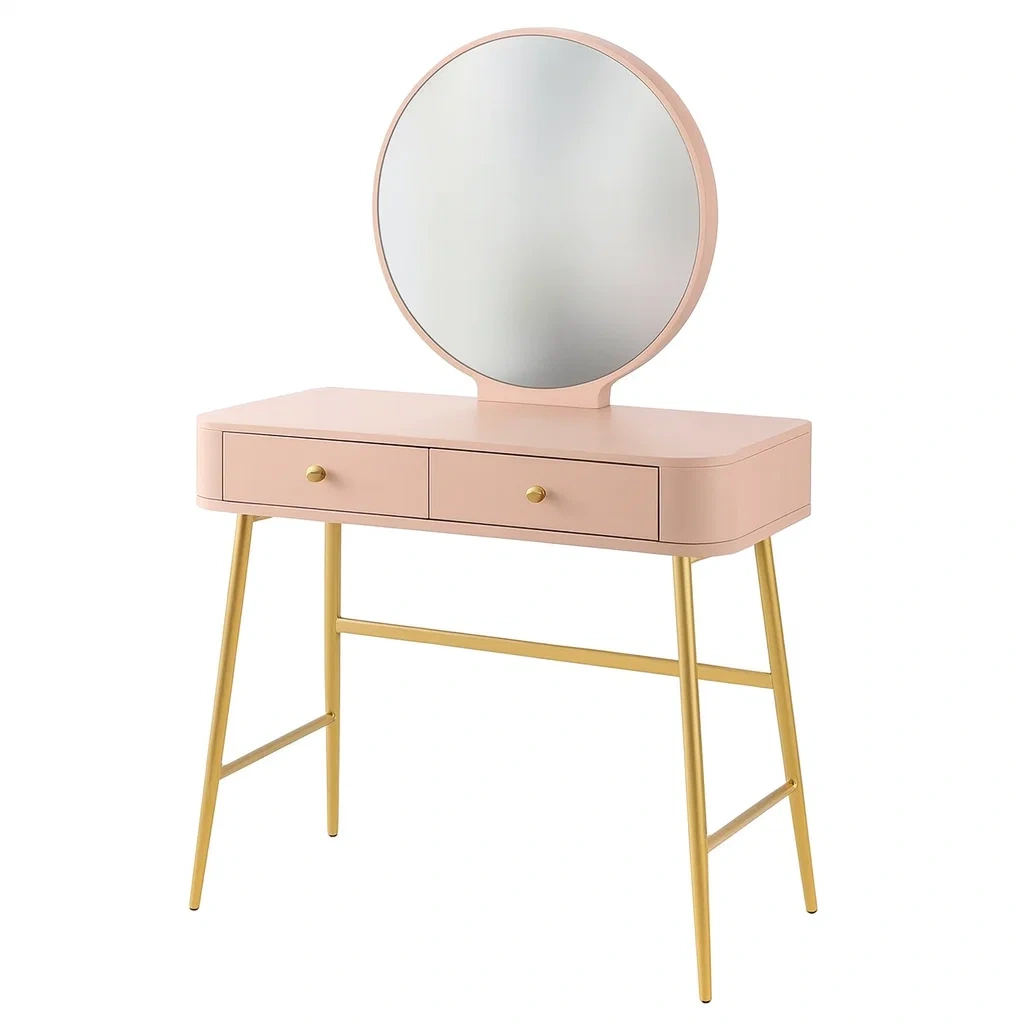 Toeletta rosa con specchio rotondo e gambe in metallo-NEWFURNISH