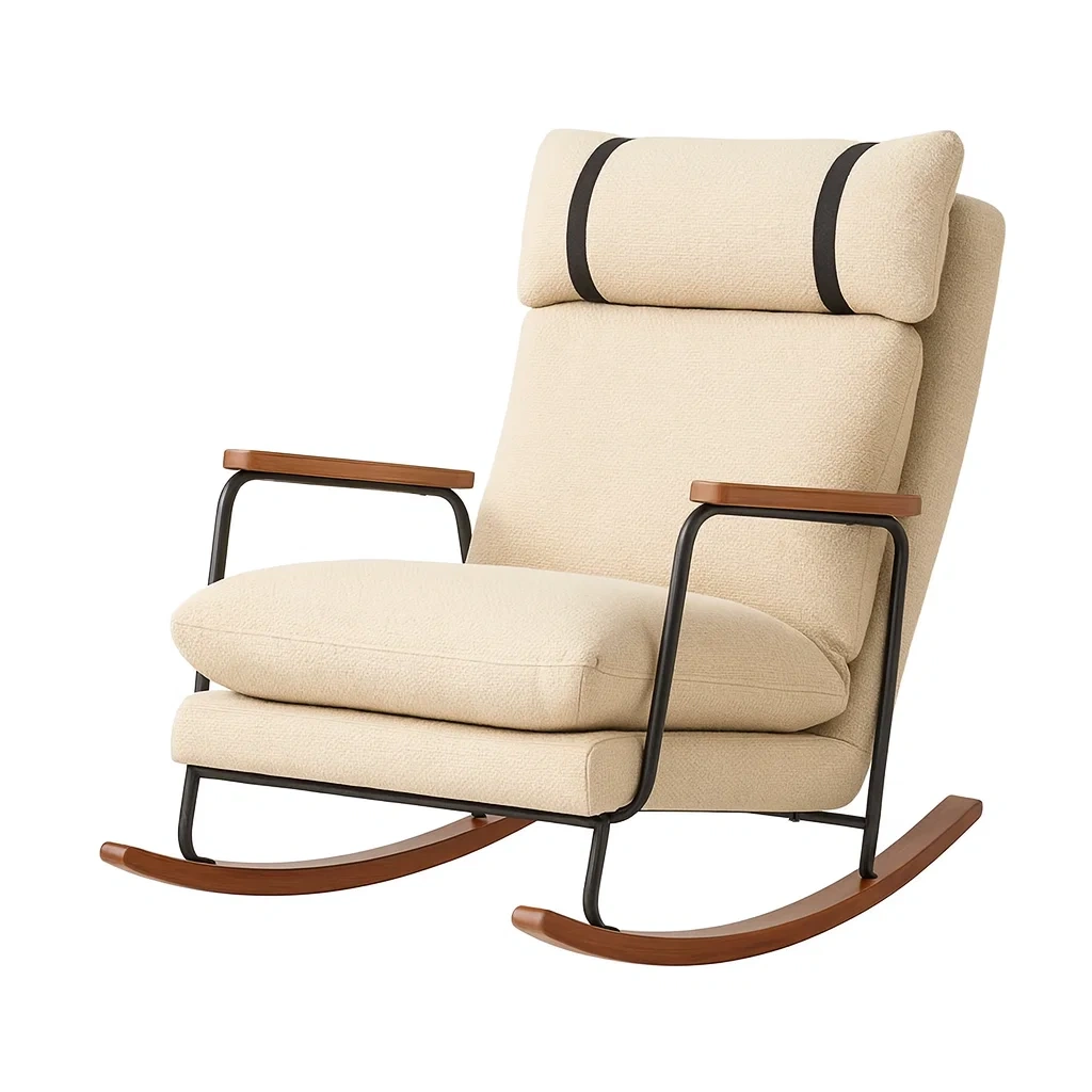 Sedia a dondolo in metallo con rivestimento in tessuto e braccioli in legno beige-NEWFURNISH