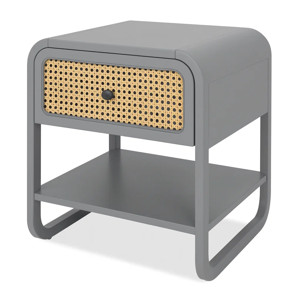 Comodino in legno mdf e rattan grigio con cassetto-NEWFURNISH