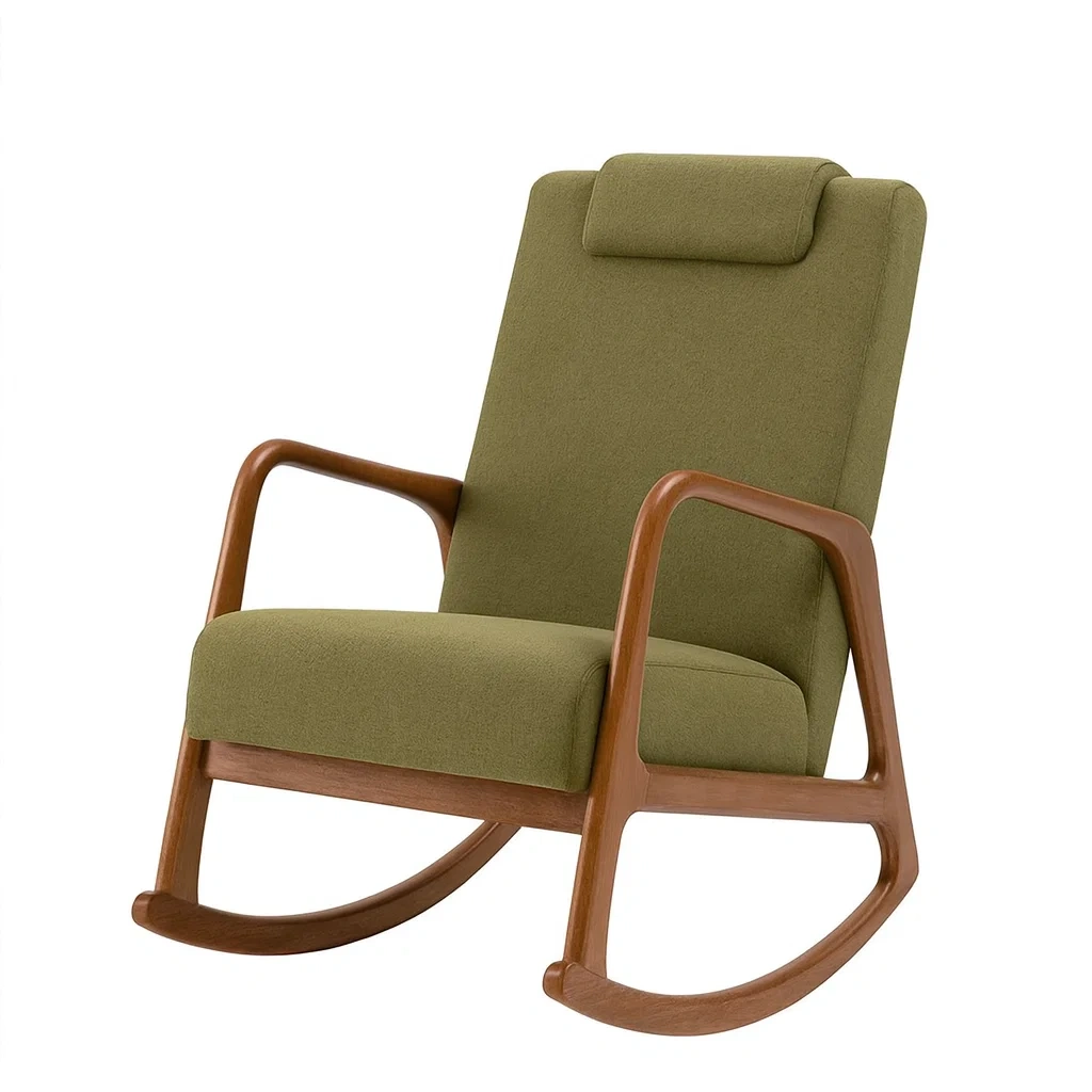 Sedia a dondolo in legno e tessuto verde-NEWFURNISH