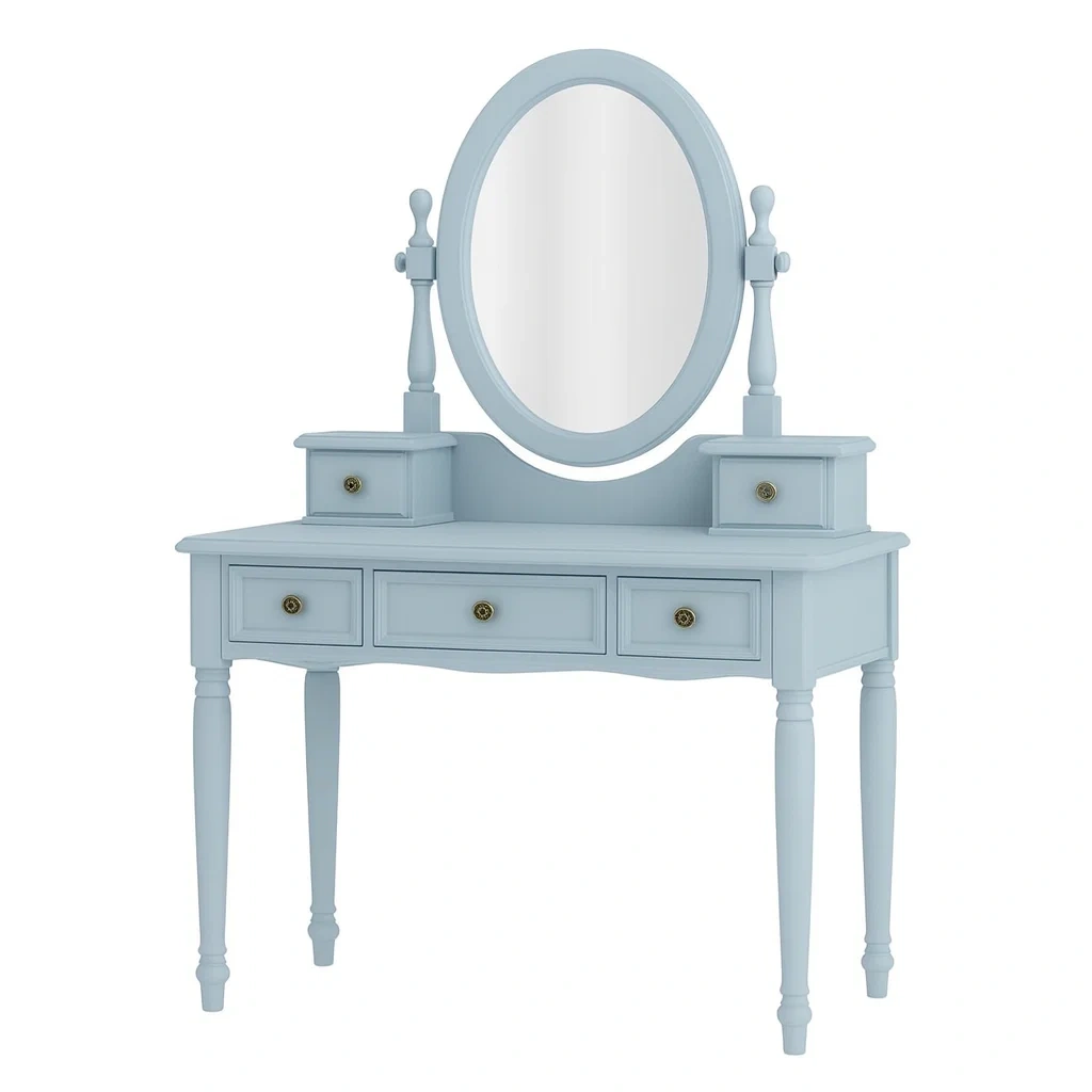 Toeletta in legno con specchio ovale e cassetti azzurro-NEWFURNISH